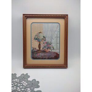 Vintage Homco 1987 Tiffany Glass Lamp Lace Flowers Framed Wall Mount Print